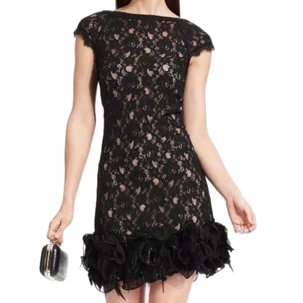 Jessica Simpson (no tags) sheer black lace mini dress w/ ruffles & feathers hem